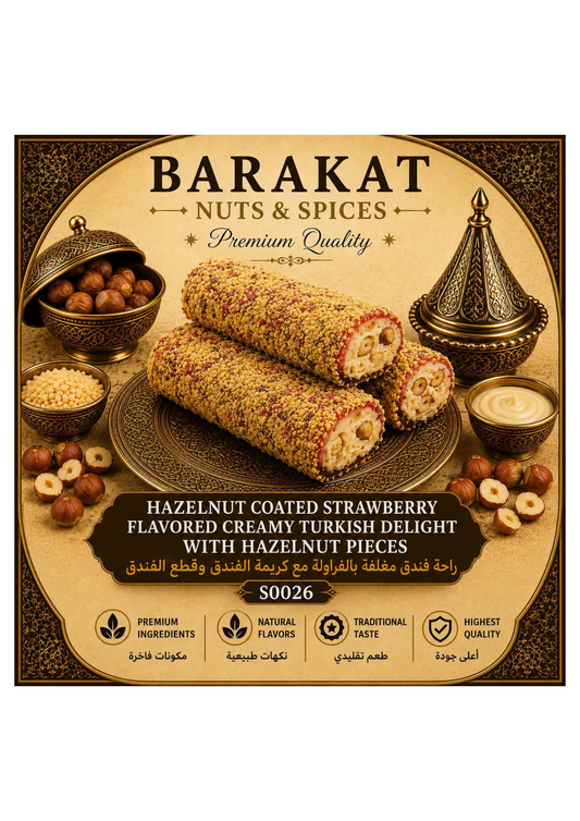 Barakat Hazelnut Coated Strawberry Flavored Creamy Turkish Delight with Hazelnut Pieces product information
