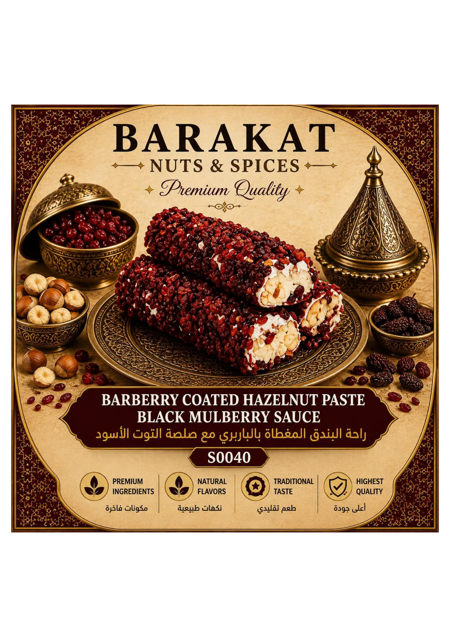 Barakat Barberry Coated Hazelnut Paste Black Mulberry Sauce product information