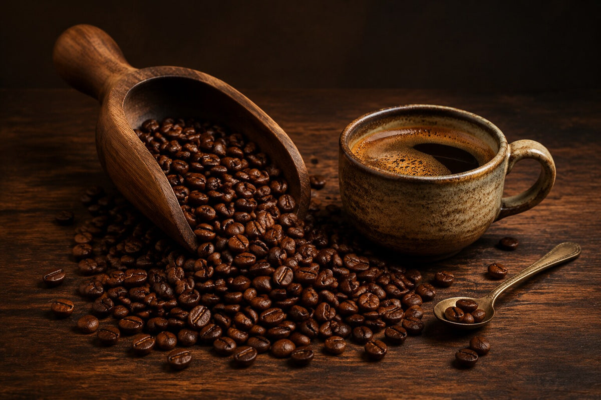 Barakat coffee collection with roasted coffee beans and cup