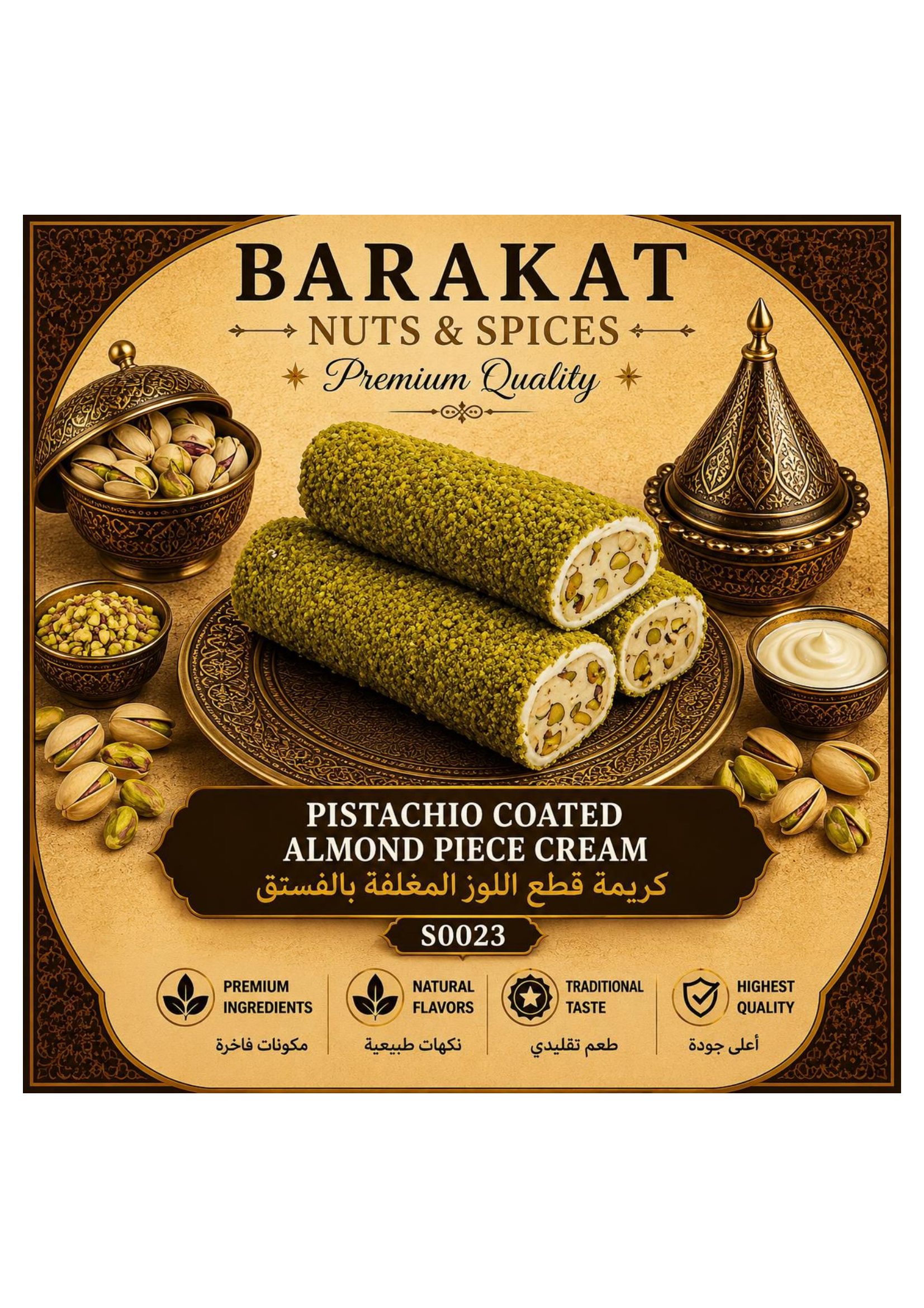 Barakat Pistachio Coated Almond Piece Cream product information