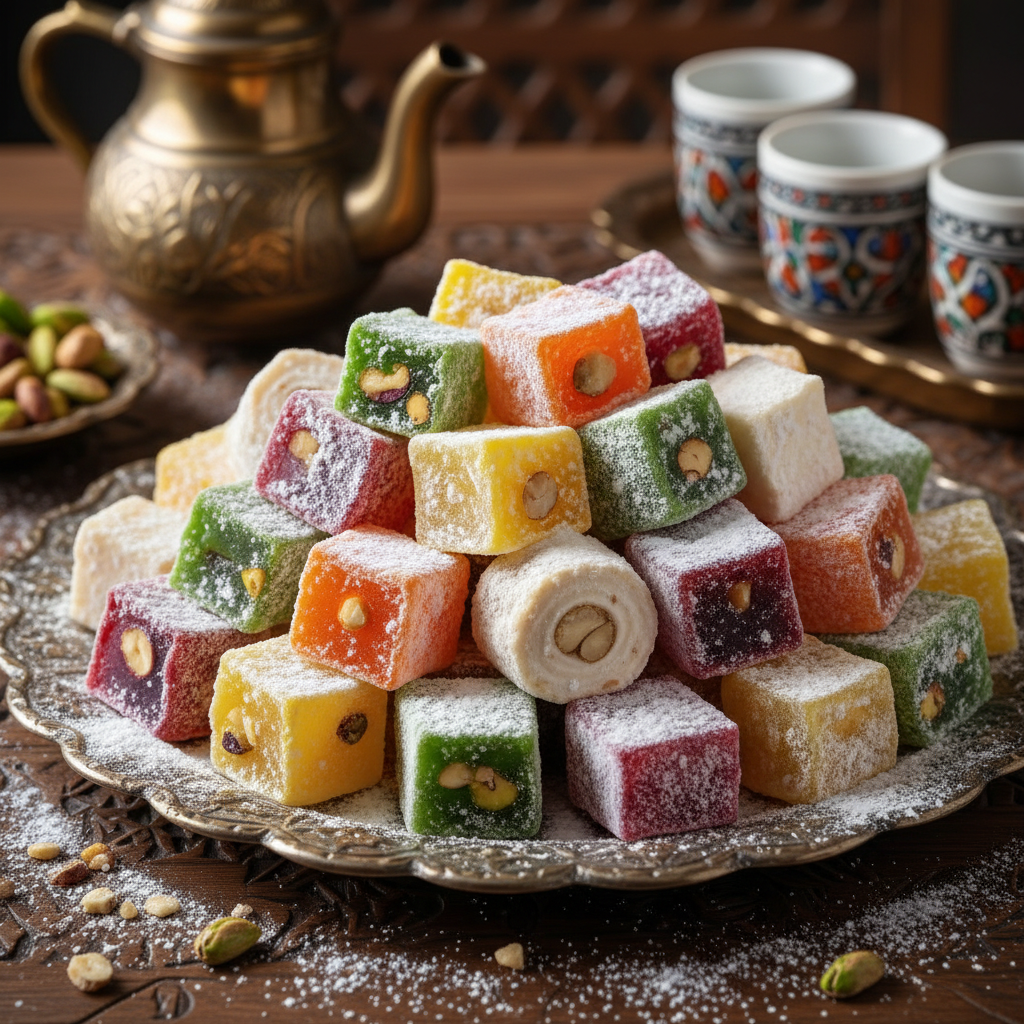 Colorful Turkish delights dusted with powdered sugar