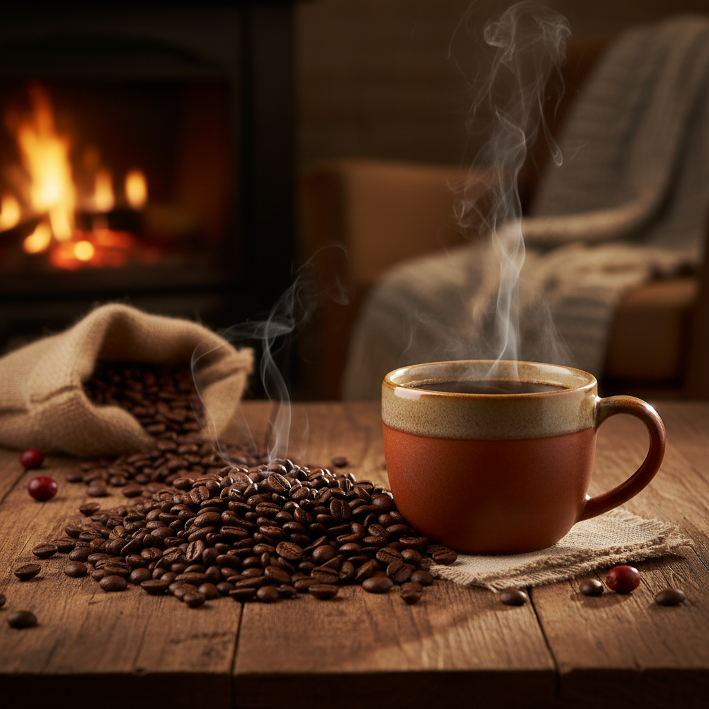 Freshly roasted coffee beans with a steaming cup