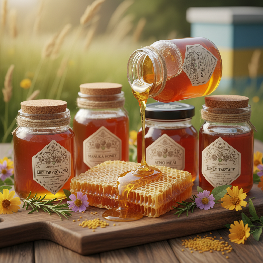 Authentic international honey in glass jars